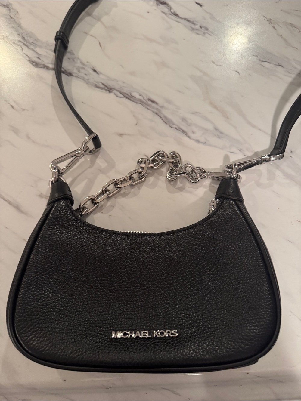 Michael Kors Black Pebbled Leather Shoulder Bag with Chain Accent
